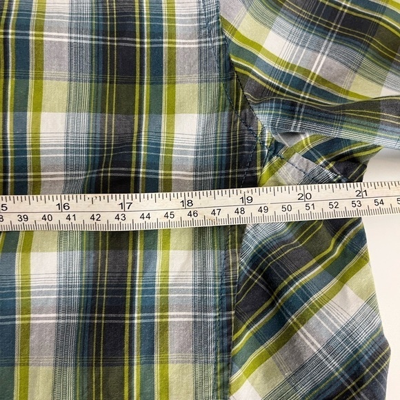 PRANA Green Blue Plaid Short Sleeve Pearl Snap Mens Size Small Organic Cotton - Picture 7 of 10